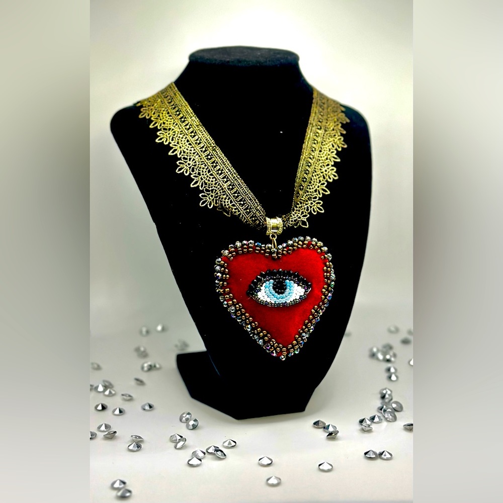 Handmade custom Evil eye heart beaded necklace